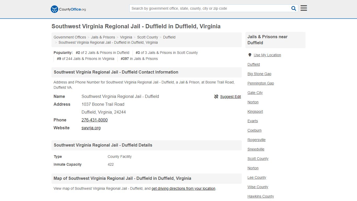 Southwest Virginia Regional Jail - Duffield - Duffield, VA (Address and ...